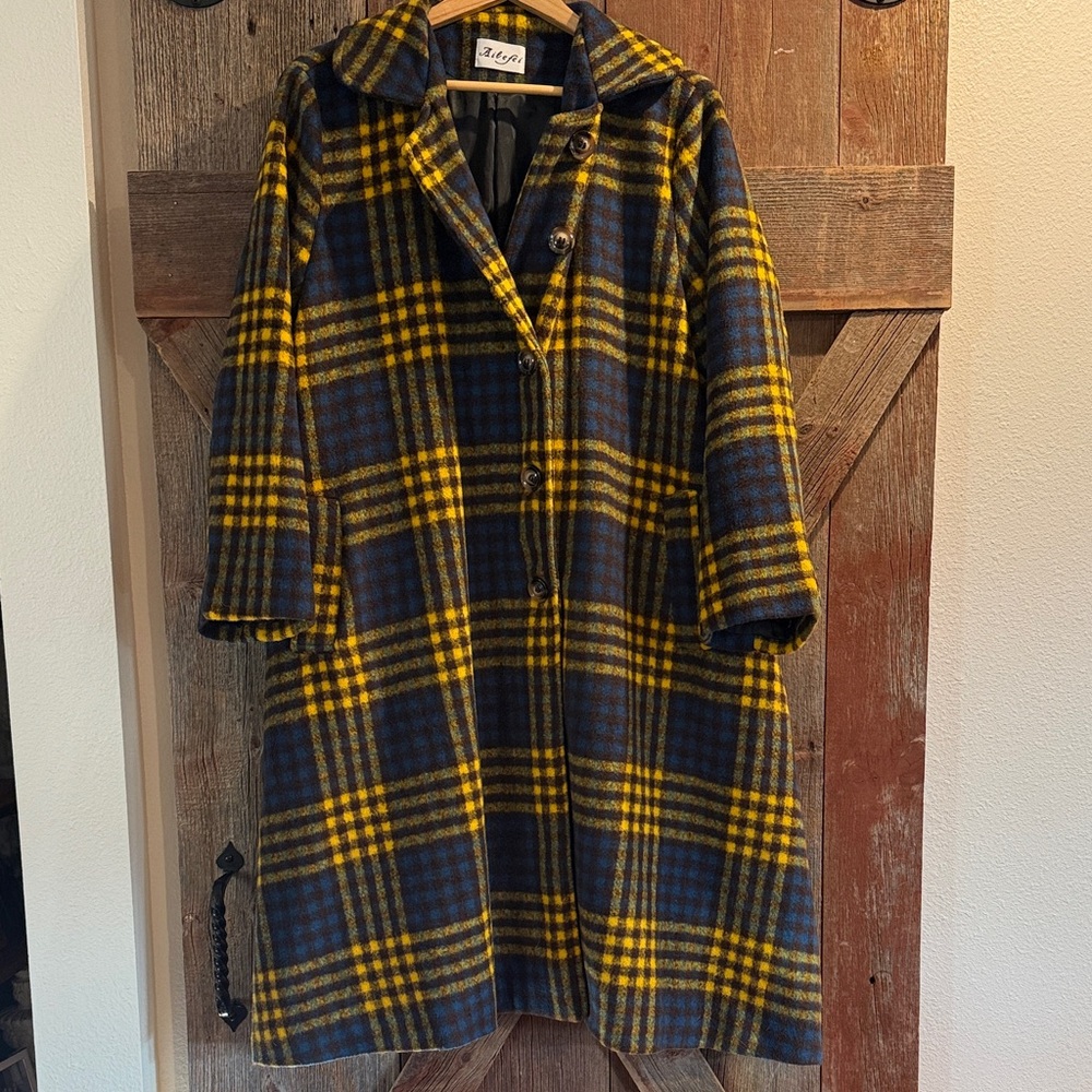 Women's Yellow and Blue Plaid Trench Coat